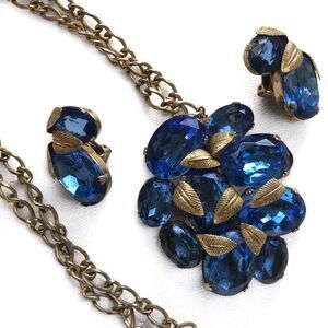 Early Napier Blue Translucent Rhinestone Leaf Necklace & Earrings Set